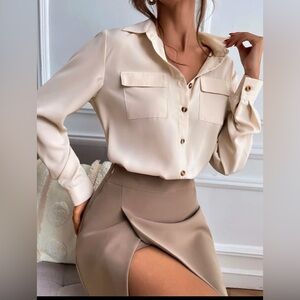 SHEIN Clasi Solid Collared Button Up Flap Pocket Shirt,Long Sleeve Tops